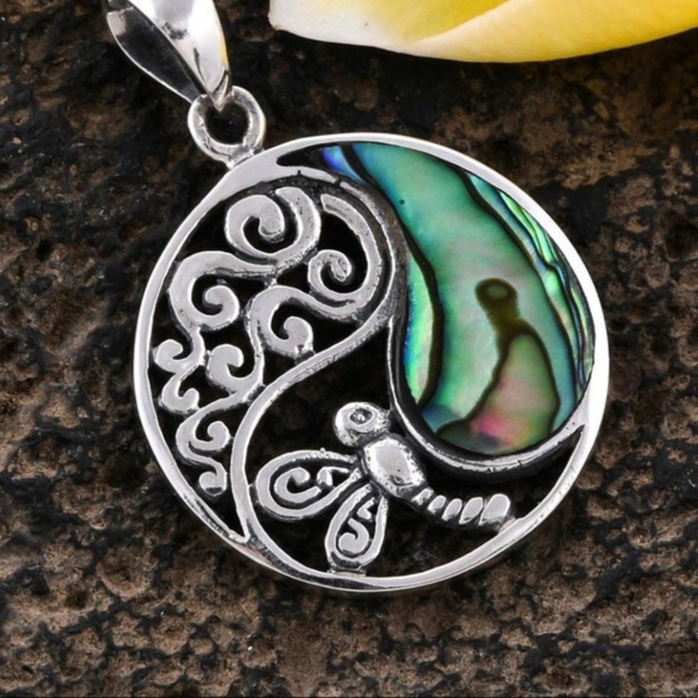 Dragonfly abalone Shell & sterling silver pendant